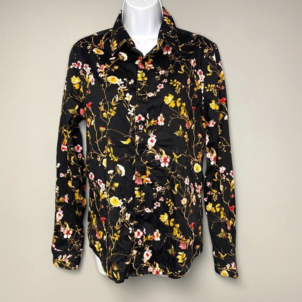 Guess Slim Fit Womens Black Floral‎ Button Up Career Dress Shirt Size S